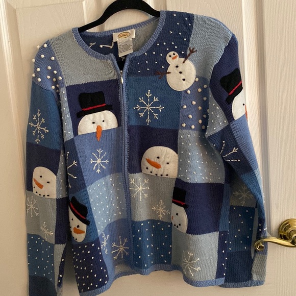 Talbot’s Snowman winter cardigan w/ zipper. Various shades of blue.Med. weight. - Picture 1 of 4